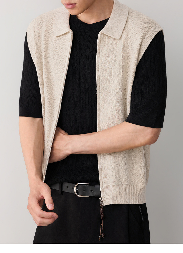 Áo gile len nam pha linen dáng cardigan khóa kéo phong cách công sở — đen chi tiết 21