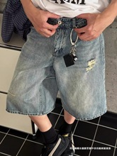 韩国东大门代购stage潮流破洞拉丝小众阔腿直筒牛仔短裤男潮酷