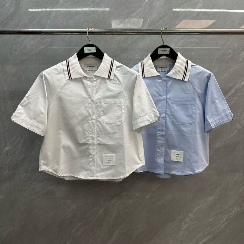 Factory Direct Sale Tb Women's College Style Colorful Striped Ribbed Patchwork Turn-Down Collar Short-Sleeve Shirt Cardigan Shirt