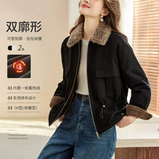 加绒棉衣女2026秋冬复古翻领毛绒双口袋抽绳短外套显瘦百搭上衣