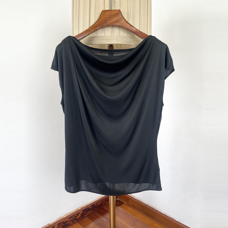 Cool Touch Acetate Knit Cowl Neck Top for Women, Summer Thin Style with Drape Effect, Shoulder-Covering Design, Slimming, Elegant, Simple T-Shirt Blouse