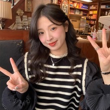 假两件条纹毛衣女2023韩版冬季新款内搭针织保暖打底上衣百搭针织