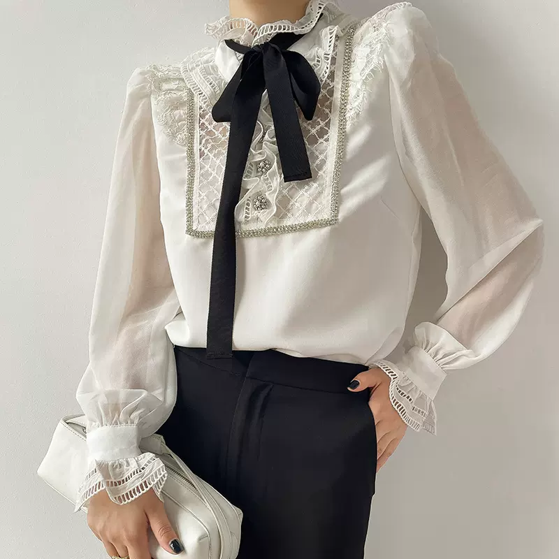 早秋上衣设计感女 衬衫法式宫廷风蕾丝拼接上衣