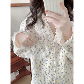 跨境专供外贸女士新品睡衣韩版小碎花花边加厚家居服睡衣套装批发