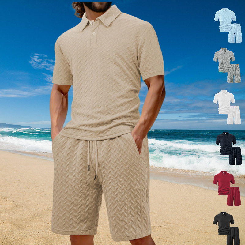 European and American Cross-border Hot Sale Summer Jacquard Multi-color Casual suit T-shirt Shorts Men Solid Color Fashion Sports Fitness Men