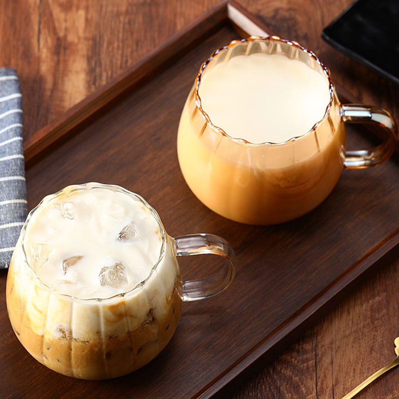 Creative borosilicate single-layer glass cup with handle, colorful striped, round interesting design, juice and coffee cup, vertical stripe pumpkin cup