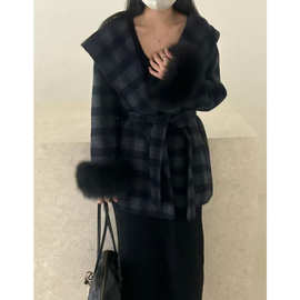2025韩版百搭气质真袖毛双面羊毛大衣格子中长款连帽毛呢外套女