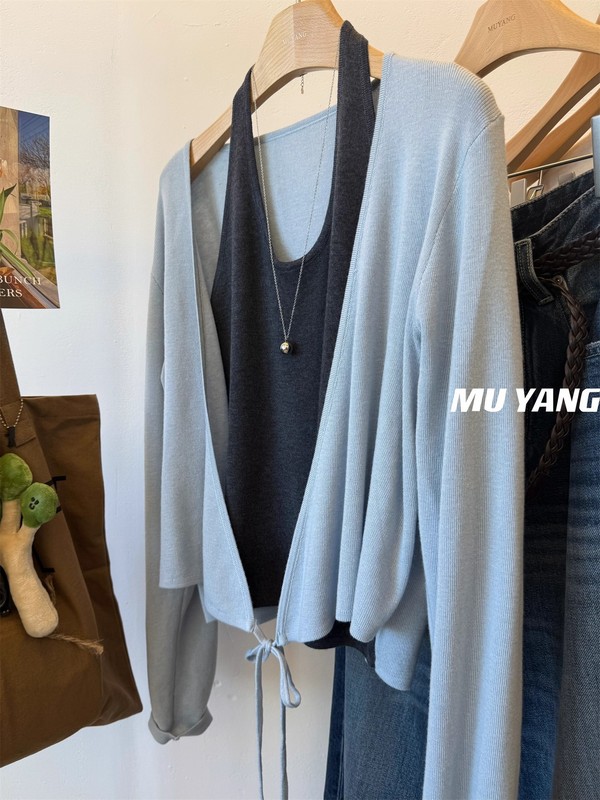 MUYANG 温柔蓝色拼灰背心 绑带假两件针织衫开衫 女假套式毛衣女|undefined