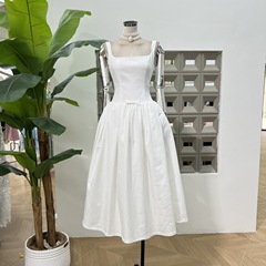 アマゾン2025夏文芸風女性フランス風ロマンチックな白い月の光が腰を収めてぼんやりしたレトロなロングワンピース
