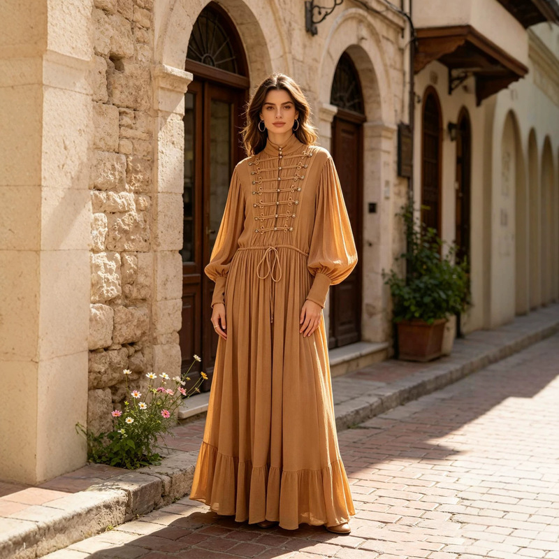Retro Palace Style Buttoned Conservative Dress for Women Lantern Sleeve Long Sleeve Drawstring Flared Bohemian Maxi Dress