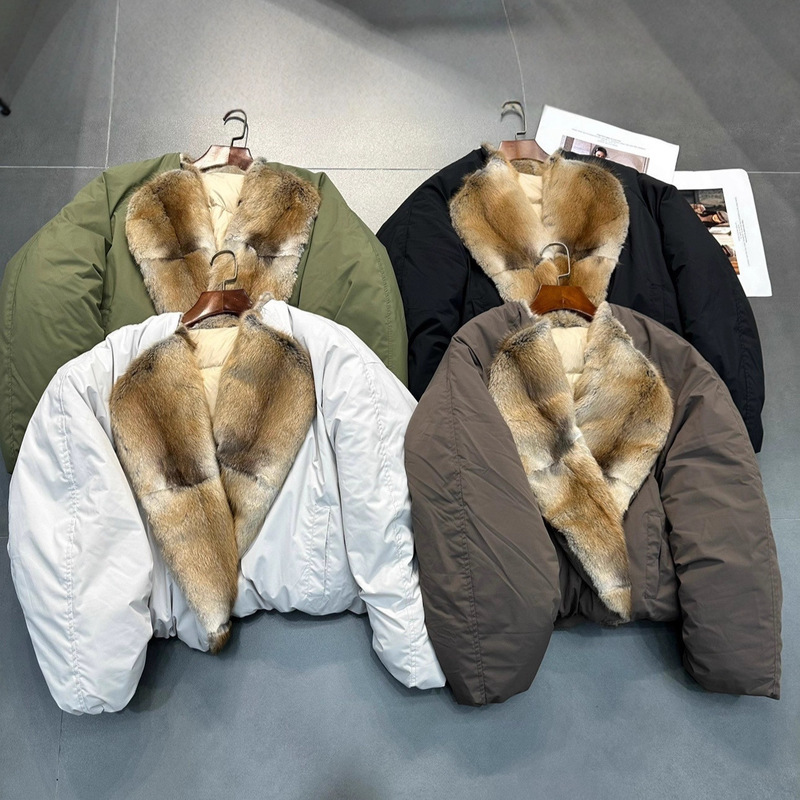 秋冬新款圆领大翻领短款青根貂皮毛领派克羽绒服女休闲时尚派克服|undefined