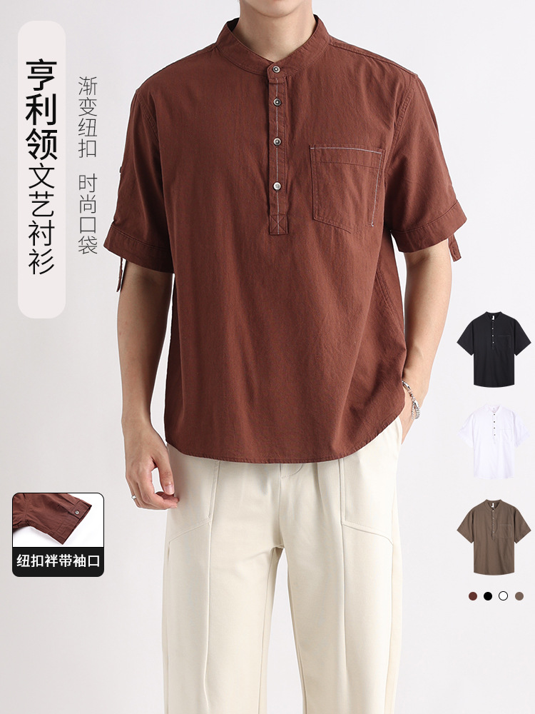 Camisa de media rebeca con cuello Henry, camisa de hombre de manga corta de algodón con cuello alto, camisa casual de marca de moda de verano para hombre suelto, verano para hombre