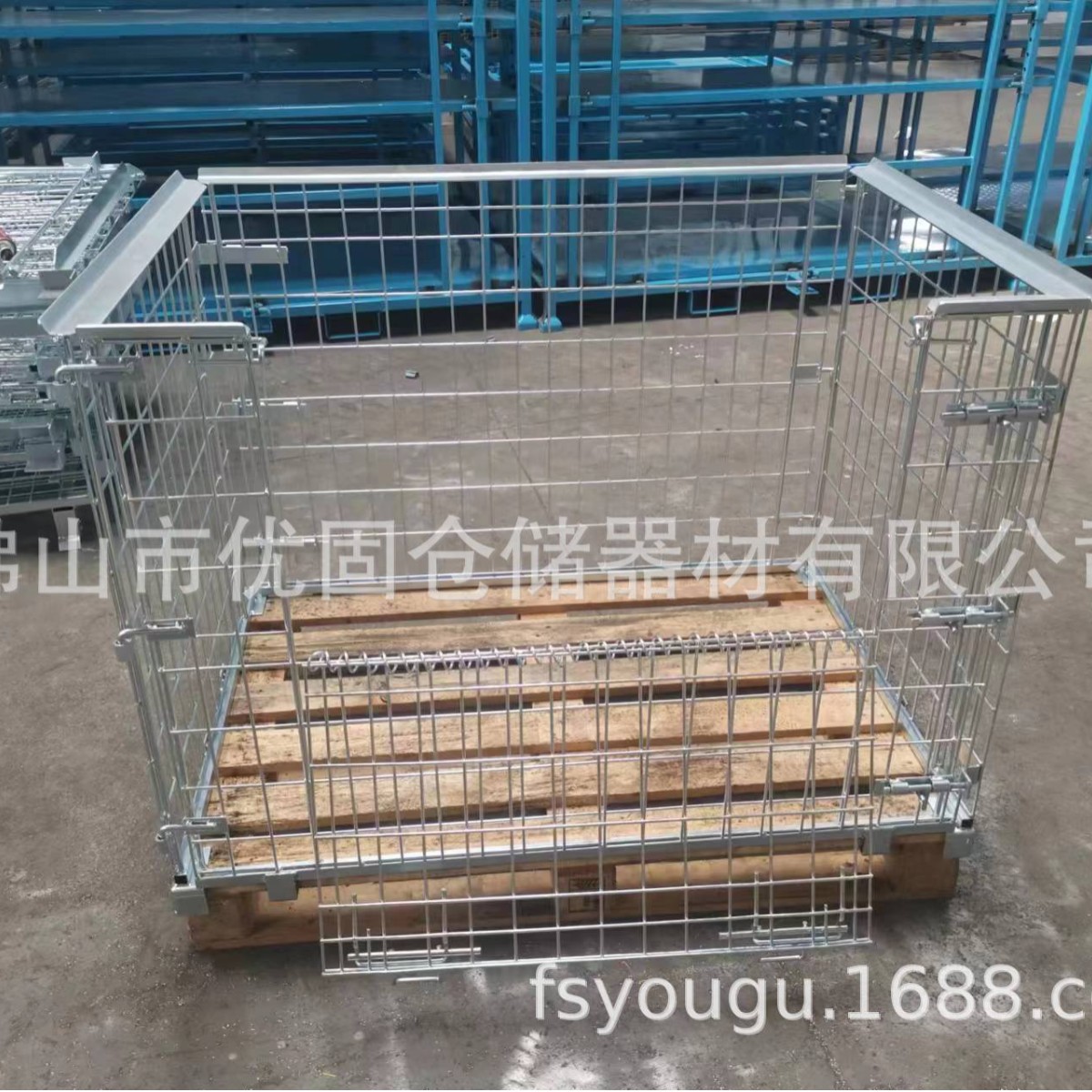 优固仓储笼折叠铁笼堆叠镀锌铁框仓库蝴蝶笼带木托盘围栏折叠堆叠
