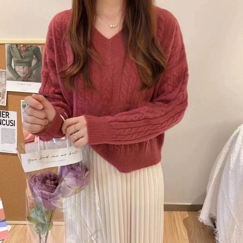 秋冬新款复古毛衣女宽松简约风麻花套头V领长袖小个子打底针织衫|undefined