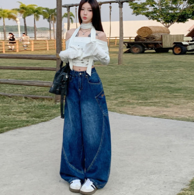 大码高街阔腿牛仔裤女春秋新款美式高腰胖MM宽松垂感直筒裤百搭裤