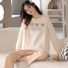 卡通小熊睡衣女士春秋季新款文艺格子控长袖长裤可外穿家居服套装