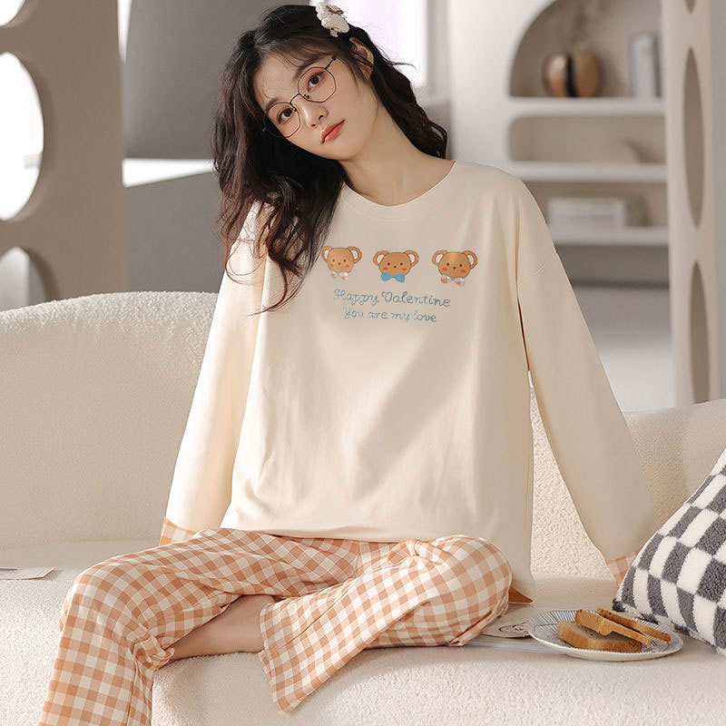 Cartoon Bear Pajamas for Women Spring and Autumn New Artistic Plaid Control Long Sleeve Trousers for Outer Wear Home Clothes suit