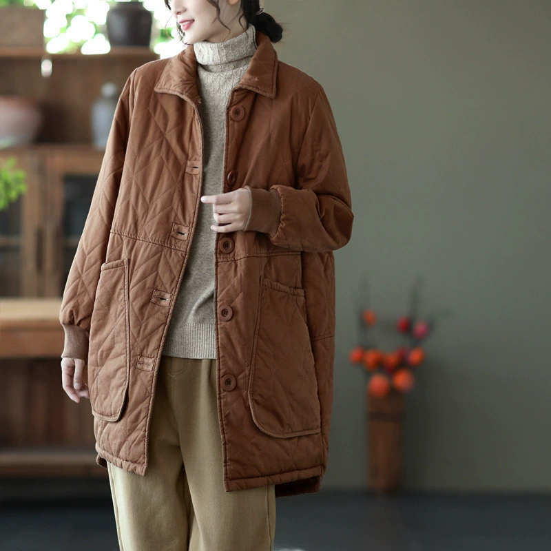 Demi-season long quilted down jacket with diamond pattern, mid-length