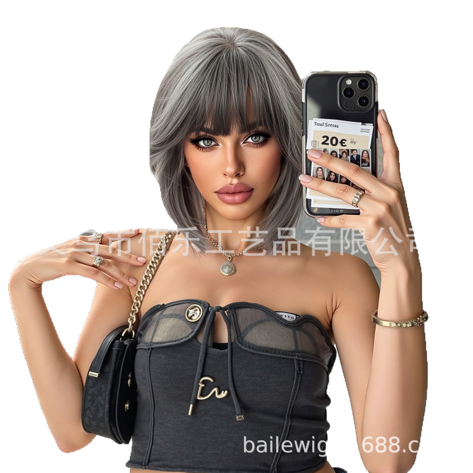 Peluca gris marrón nueva Qi flequillo scratching wigs pelo corto liso cabeza Bobo fabricante transfronterizo spot al por mayor
