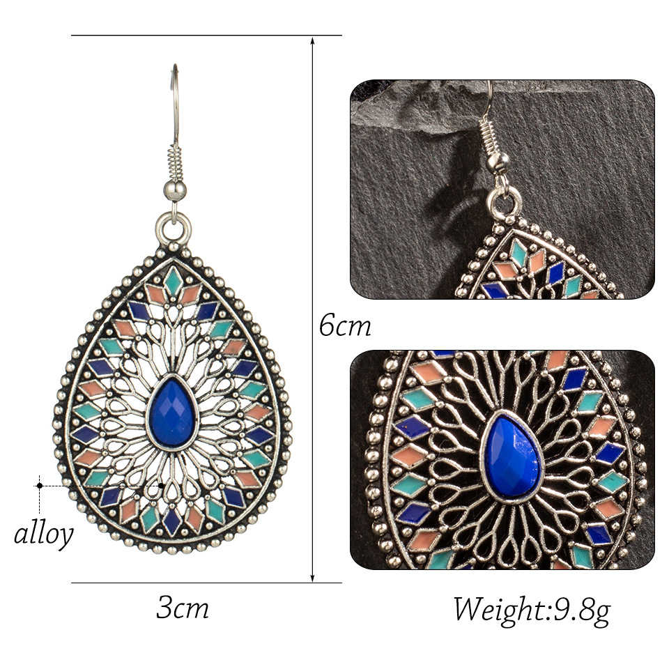 Bohemian Alloy Hollow Drop-shaped Colored Diamond Earrings Wholesale display picture 1