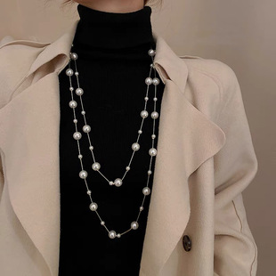 Korean Fashion Long Pearl Necklace, Feminine, Light Luxury, High-End Sweater Chain, Versatile Autumn and Winter Necklace Wholesale