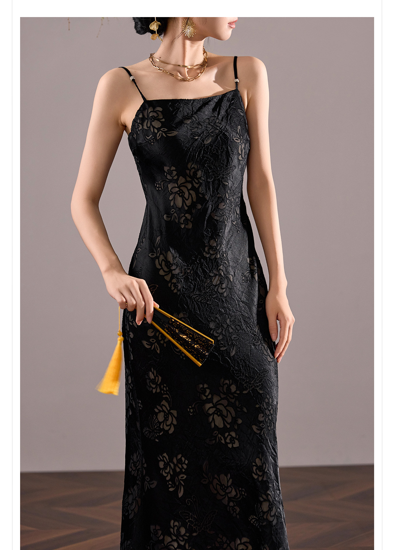 Đầm maxi nữ quốc phong dây mảnh chữ A dáng dài thắt eo — màu đen chi tiết 2