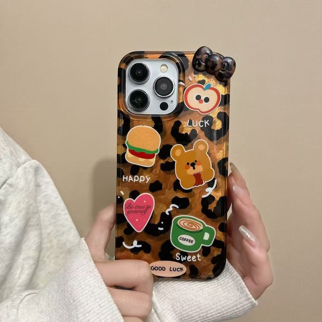 Cute cartoon leopardo hamburguesa oso para iphone15 estuche para teléfono móvil estéreo 16ProMax Apple 13 femenino 14