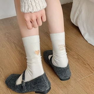 袜子女秋冬新款中筒袜 AB款爱心刺绣棉袜个性少女堆堆袜百搭长袜