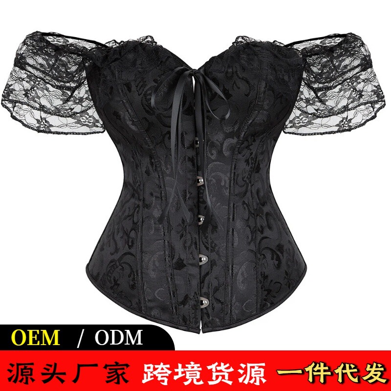 European and American Cross-Border Jacquard Corset with Waist Cinching, Vintage Court-Style Off-Shoulder Lace Ruffle Shapewear Top in Stock