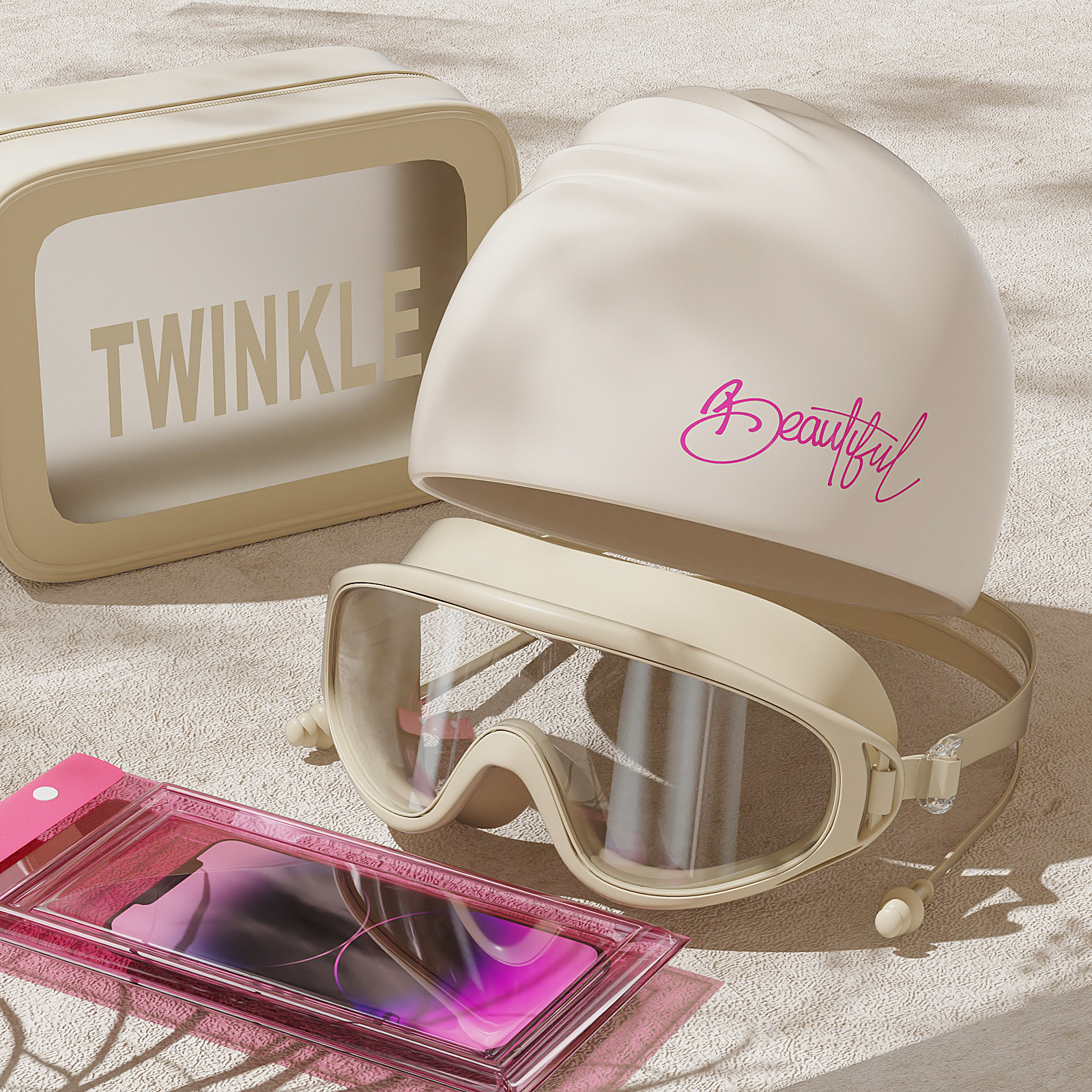 Off-white + silicone swimming cap + khaki swimming bag + mobile phone bag