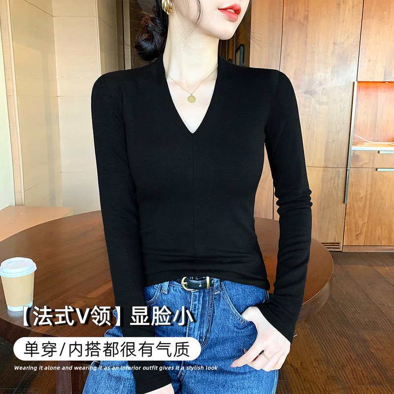 灰色V领打底衫女内搭早秋冬季高级感长袖正肩T恤洋气螺纹针织上衣|undefined
