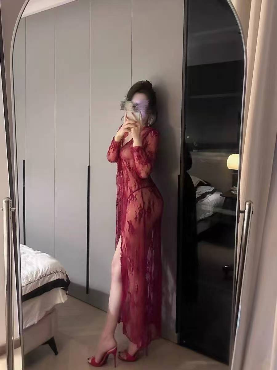 See-Through Lace Babydoll Nightgown Set, Tie-Up Chest Detail, Red One Size — detail image 6