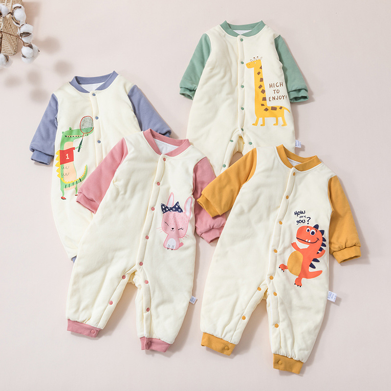 秋冬新款宝宝套装婴幼儿加棉哈衣保暖棉男女童居家连体爬服加厚
