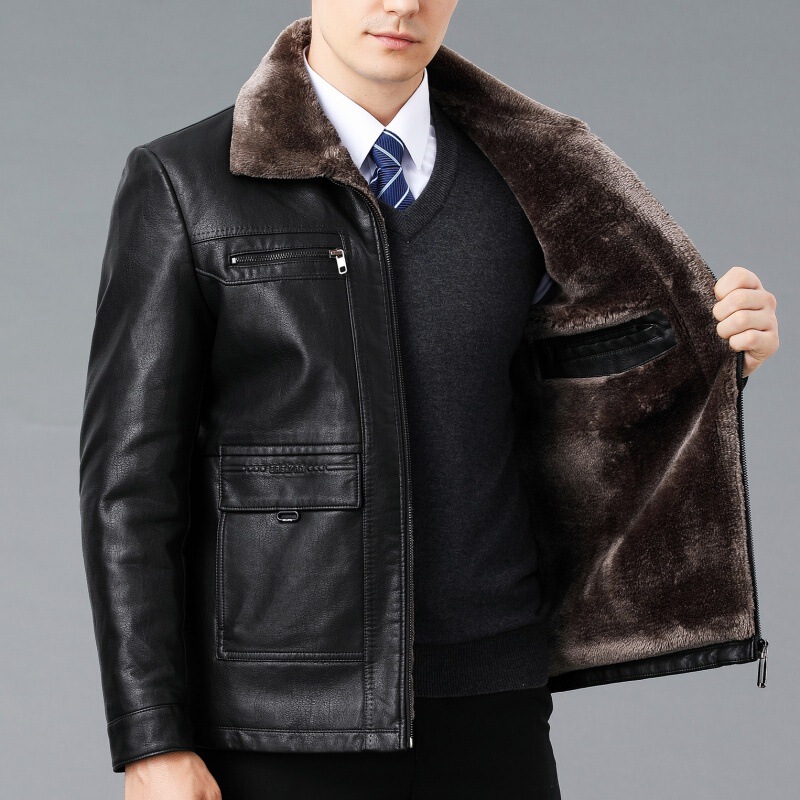 Genuine Leather Jacket for Men, Shearling Integrated Leather Jacket, Haining Winter Turn-Down Collar, Fleece-Lined and Thickened Leather Jacket for Dad Genuine Leather Jacket for Men, Shearling Integrated Leather Jacket, Haining Winter Turn-Down Collar, Fleece-Lined and Thickened Leather Jacket for Dad
