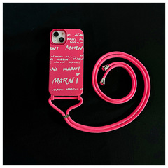 趙露思同款玫紅白色英文iPhone15promax掛繩手機殼適用蘋果14斜挎