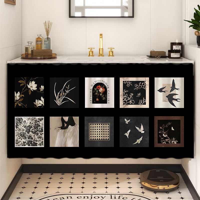 Retro Household Cabinet Curtain Double-sided Flannel Waterproof Mildew-proof Punch-free Dustproof Bathroom Washbasin Shelter Curtain