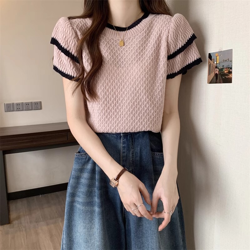Striped Short-sleeved Shoulder T-shirt Women's 2024 Summer New Arrival Irregular Hollow Ice Silk Knit Top