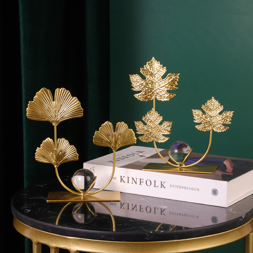 Light luxury iron maple leaf ornaments home model house soft decoration entrance hall living room wine cabinet decoration crystal ball metal ornaments