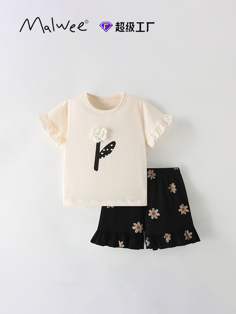 Traje de niña malwee transfronterizo verano nuevo estilo europeo y americano camiseta de cuello redondo para niños pequeños y medianos traje de dos piezas de cintura elástica de manga corta