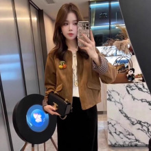 韩版时尚百搭宽松显瘦鹿皮绒格子拼接短外套女2025秋季新款休闲潮