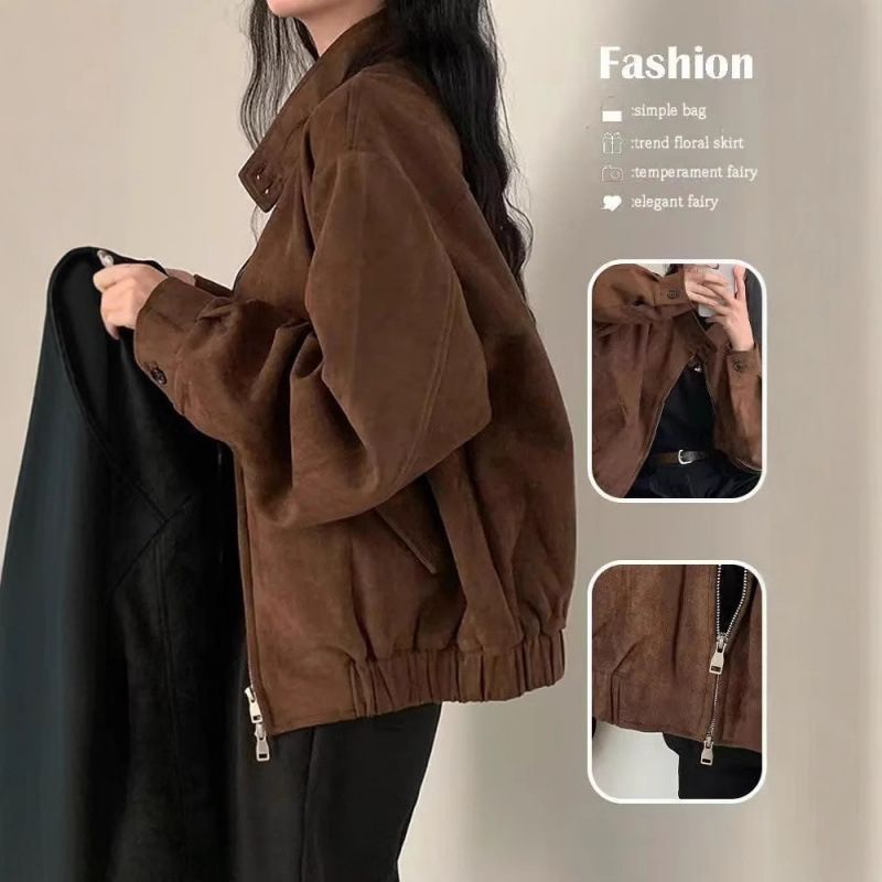 春秋新款仿其它绒外套女美拉德美式复古短款上衣宽松型显瘦夹克代