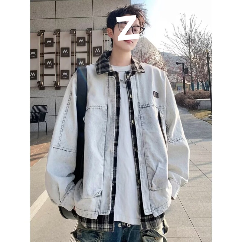 High-End Handsome Denim Jacket Men's Spring High Street Splicing Fake Two-Piece Jacket Youth Student Men's Top