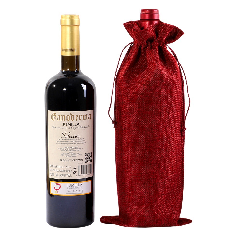 Cordón con cordón de lino bolsa de vino tinto en stock al por mayor champán vino tinto bolsa de embalaje ropa gruesa bolsa de vino tinto traje imprimible