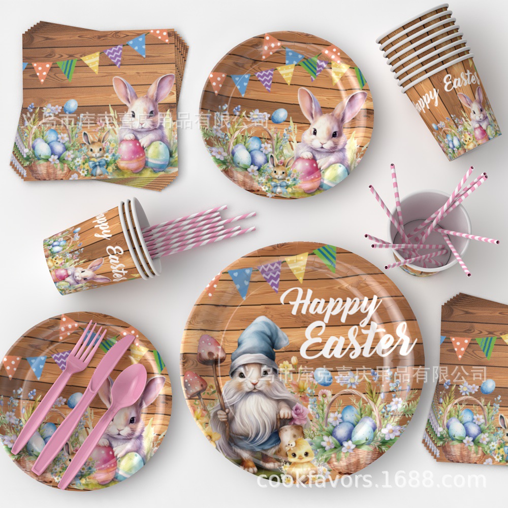 Conjunto de cubiertos de fiesta de Pascua de madera oscura transfronteriza huevo de conejo tema bandeja de papel desechable taza toallas de papel