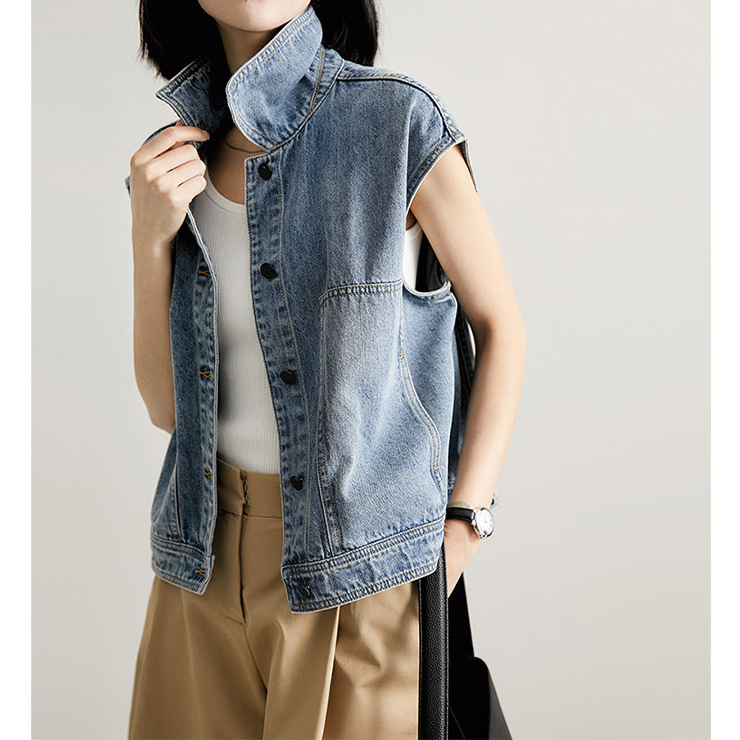 Strong and Sense of Design Denim Denim Motorcycle Style Vest Sleeveless Jacket Vest Versatile Design Women's Summer Clothing