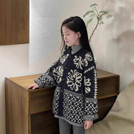 新款小众2025早春复古提花毛衣宽松慵懒费尔岛针织翻领毛衫高级感