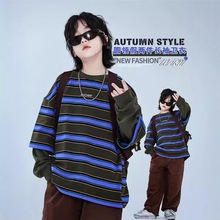 儿童春秋2024新款男童上衣圆领条纹宽松长袖卫衣，裤子店铺也有