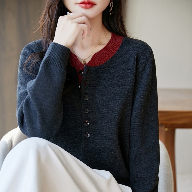 100纯棉法式撞色假两件针织衫女2025新款宽松保暖毛衣格雷系上衣|undefined