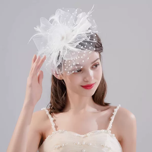 French White Bride Top Hat Wedding Dress Headwear Fairy Elegant All-match Retro Feather Mesh Flower Hair Accessories