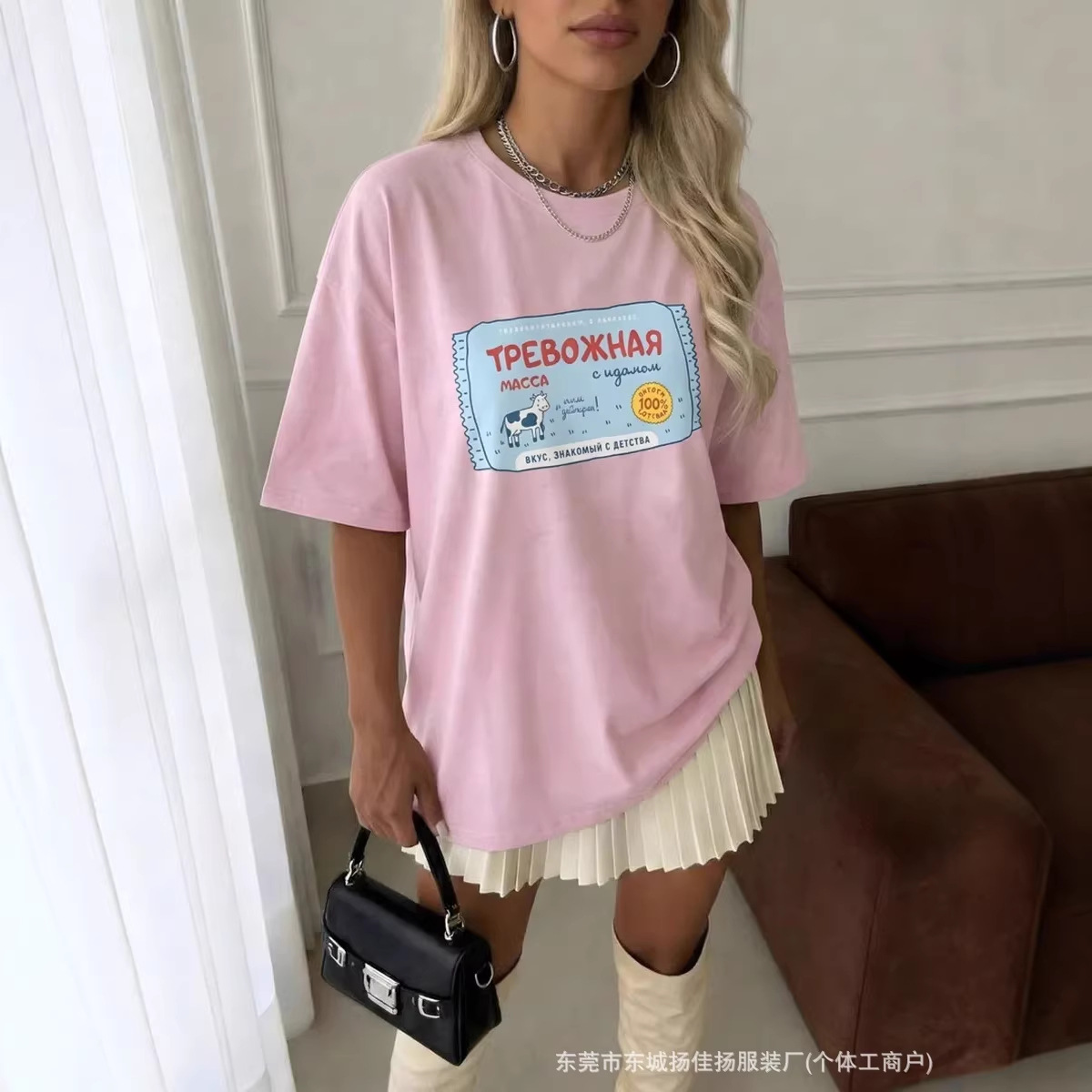 100% Pure Cotton Short-Sleeved T-Shirt Summer European and American Style Casual Sweet Girly Pink Chic Printed Top
